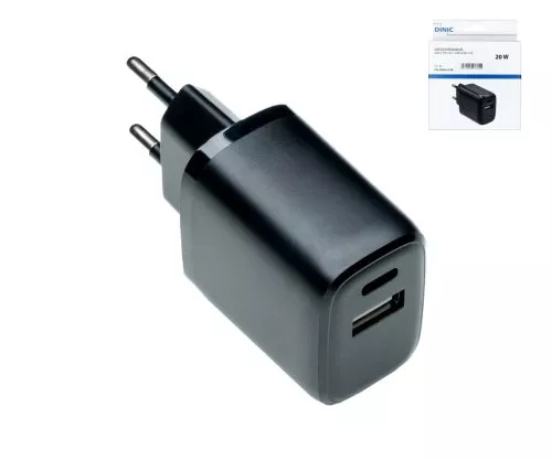 USB C+A charger/power supply 20W, PD, black, DINIC box